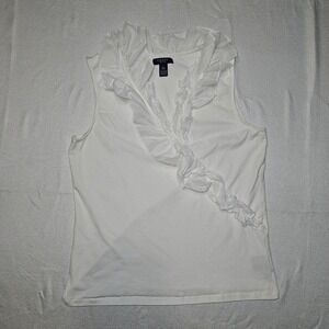 Chaps Womens White Sleeveless Ruffle Neck Top Size‎ Large